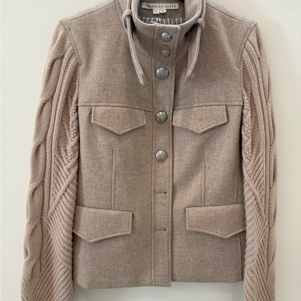 Veronica Beard Taupe Knit-Sleeve Military Jacket